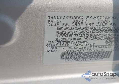 2020 Nissan Versa Sr из США, поврежденный, VIN 3N1CN8FV6LL813000